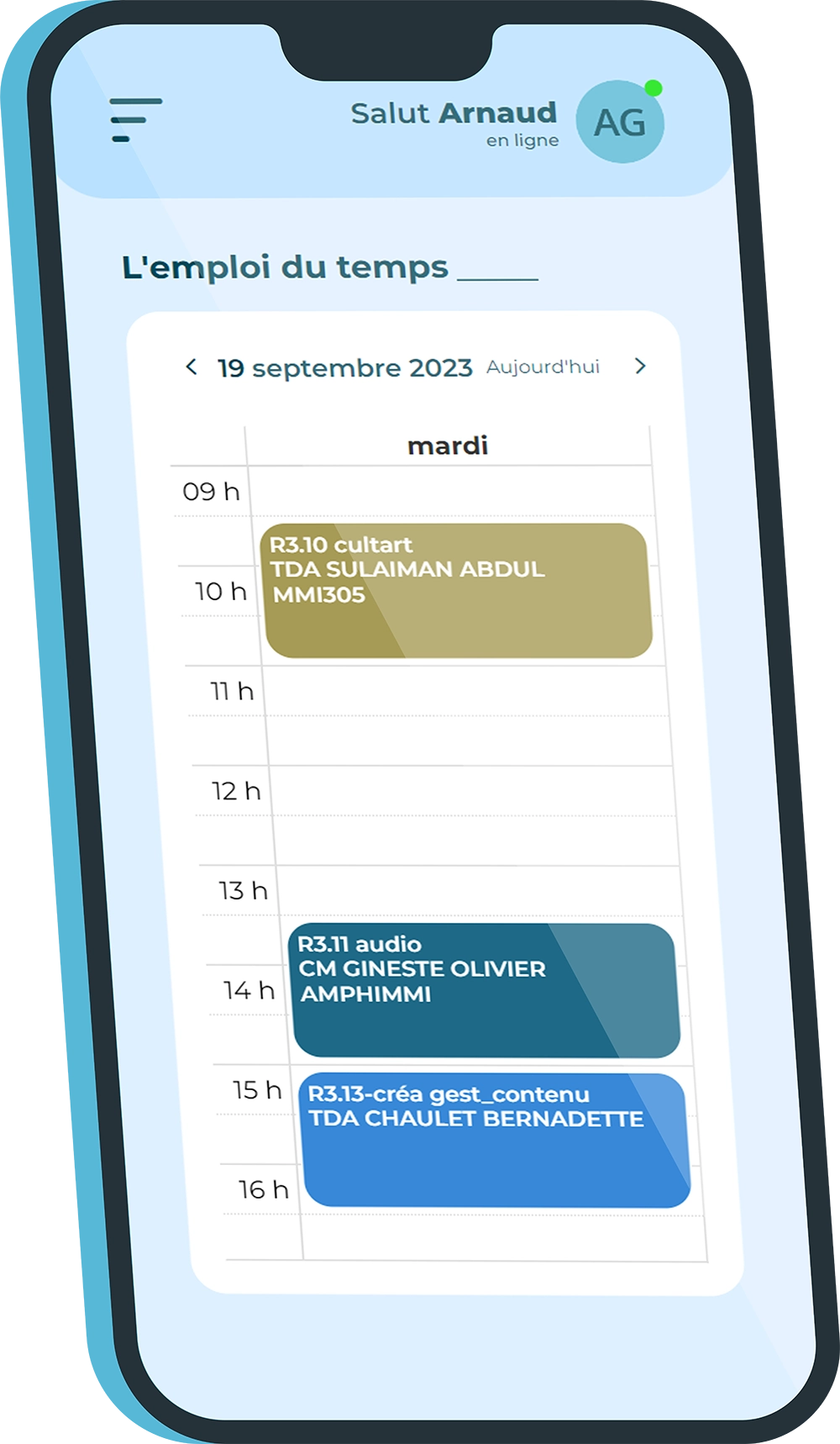 Capture d'écran de la partie emploi du temps